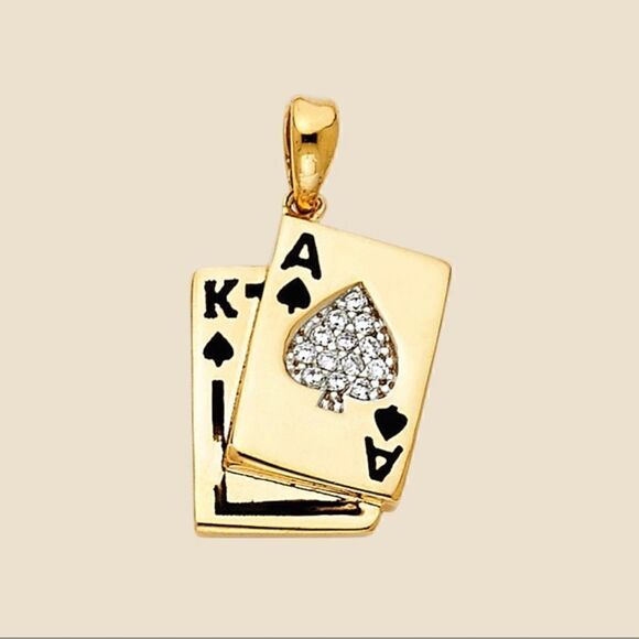 14k Solid Yellow Gold Ace & King Pendant | Playing Card charm | Birthday Gift | - Picture 2 of 6